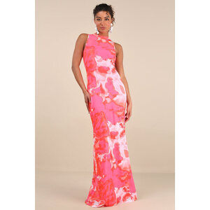 Lulus Telestia Hot Pink Abstract Mesh Mermaid Maxi Dress - Size M